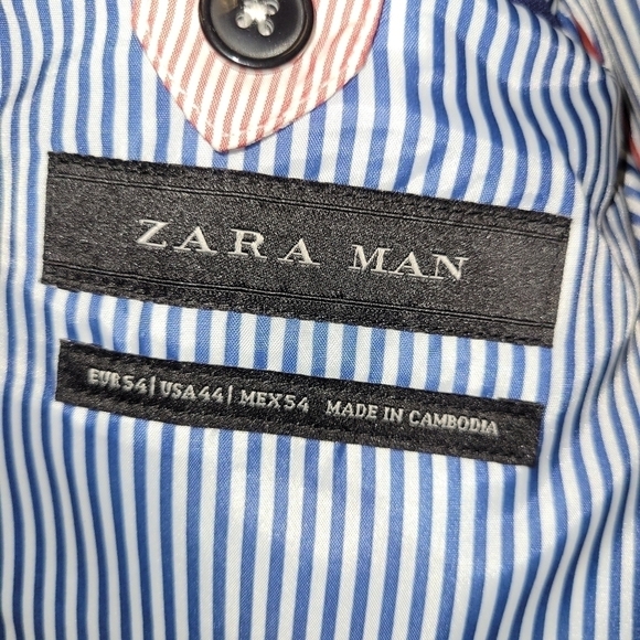 ZARA Man Navy Blue Slim Fit Blazer Jacket White Elbow Patch US Size 54 - Picture 11 of 16